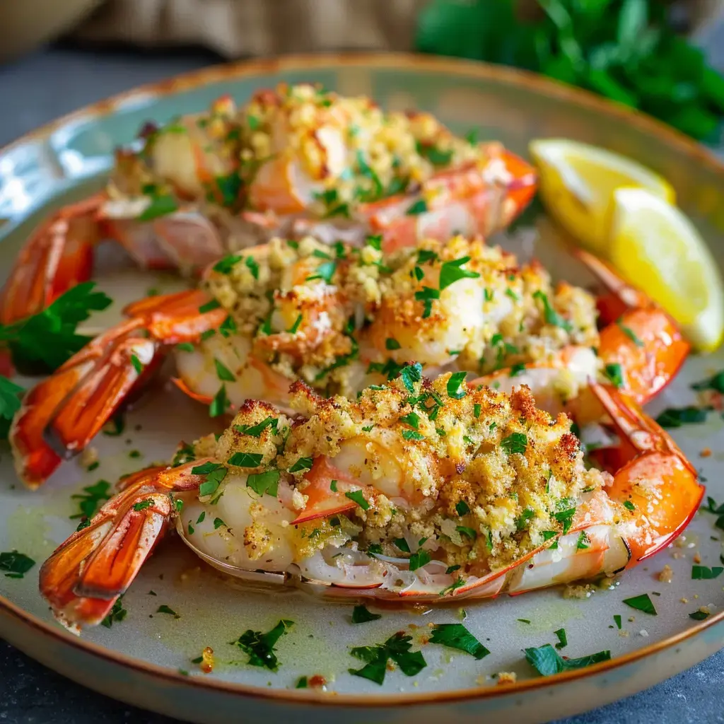 Trois grandes crevettes farcies, dorées et garnies de persil, accompagnées de quartiers de citron, sont présentées sur une assiette.