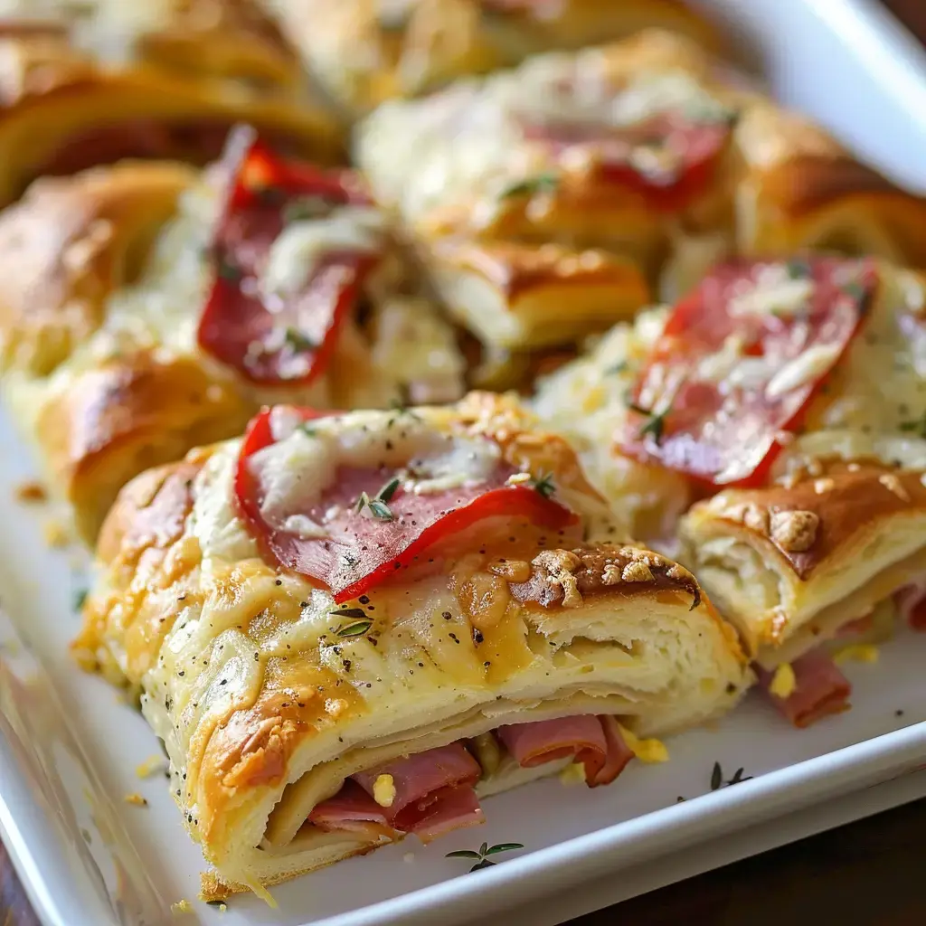 Des rouleaux feuilletés garnis de jambon, de fromage et de poivrons rouges, assaisonnés d'herbes.