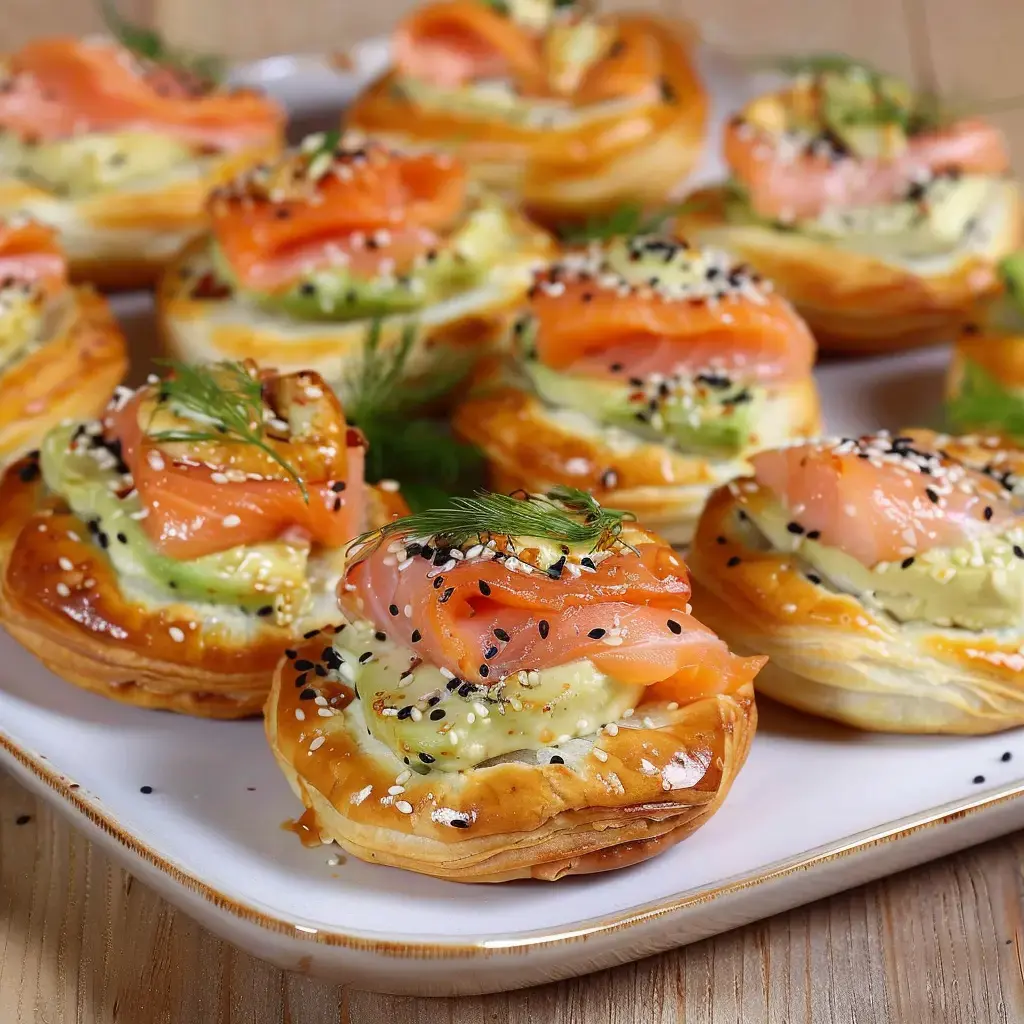 Des bouchées feuilletées garnies de fromage à la crème, saumon fumé et graines de sésame.