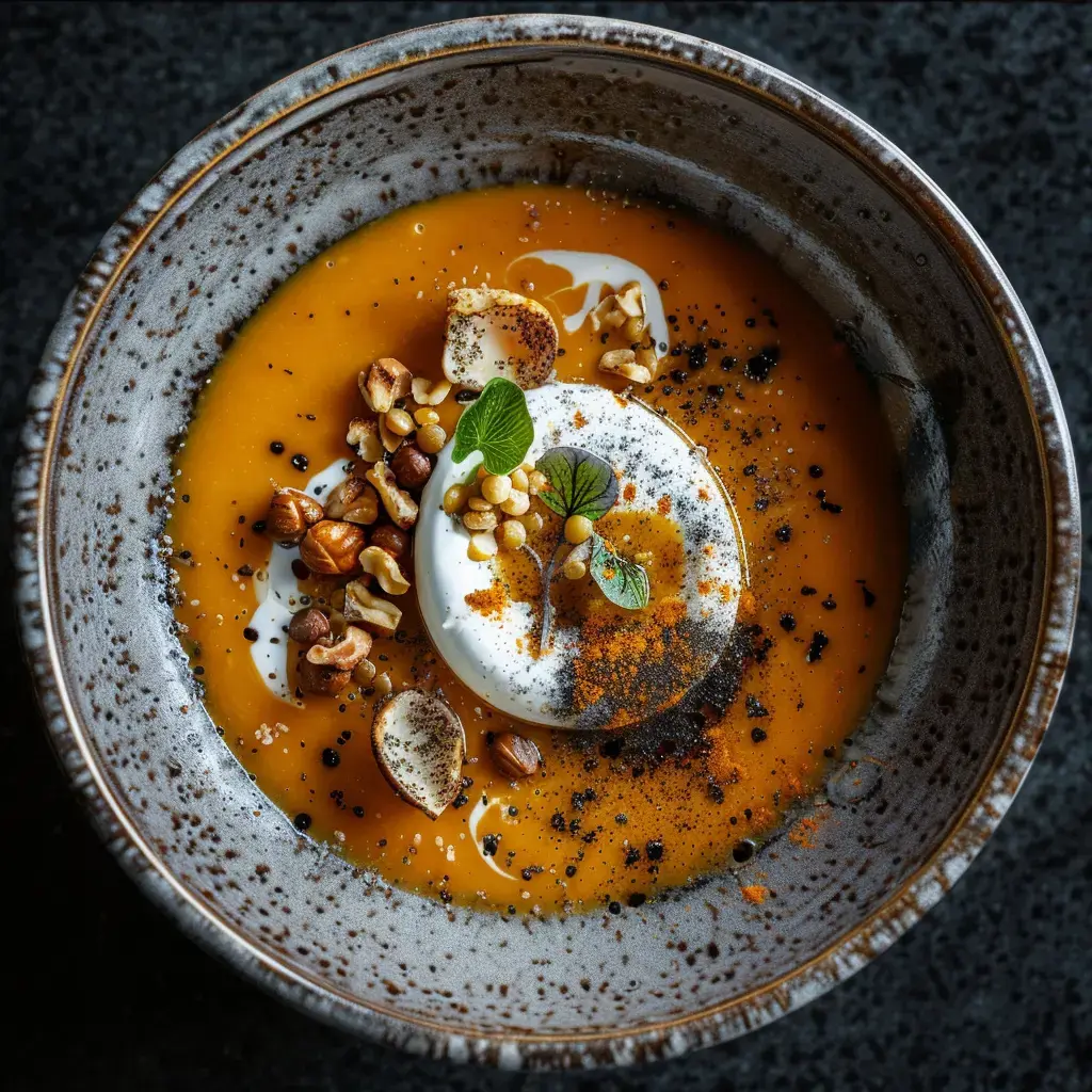 Une soupe de potiron servie avec de la crème, des noix grillées, des graines et des herbes fraîches dans un bol stylisé.