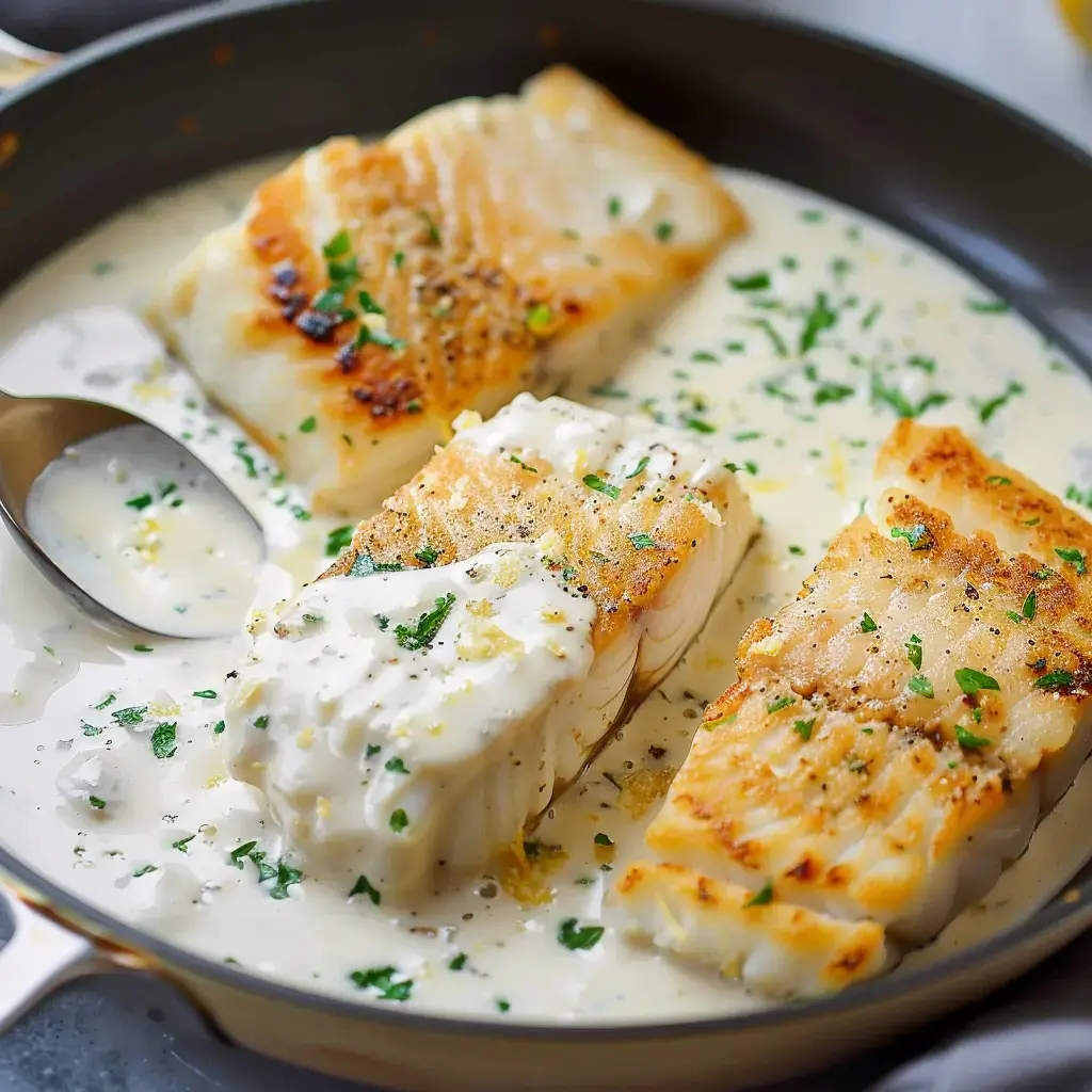 Des morceaux de poisson dorés dans une sauce crémeuse, garnis de persil et de zeste de citron, sont présentés dans une poêle.