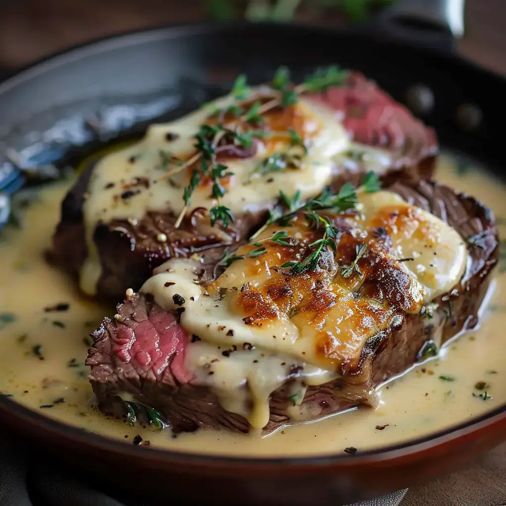 Deux tranches de viande de bœuf juteuses, recouvertes de sauce crémeuse et garnies de thym frais, servies dans une poêle.