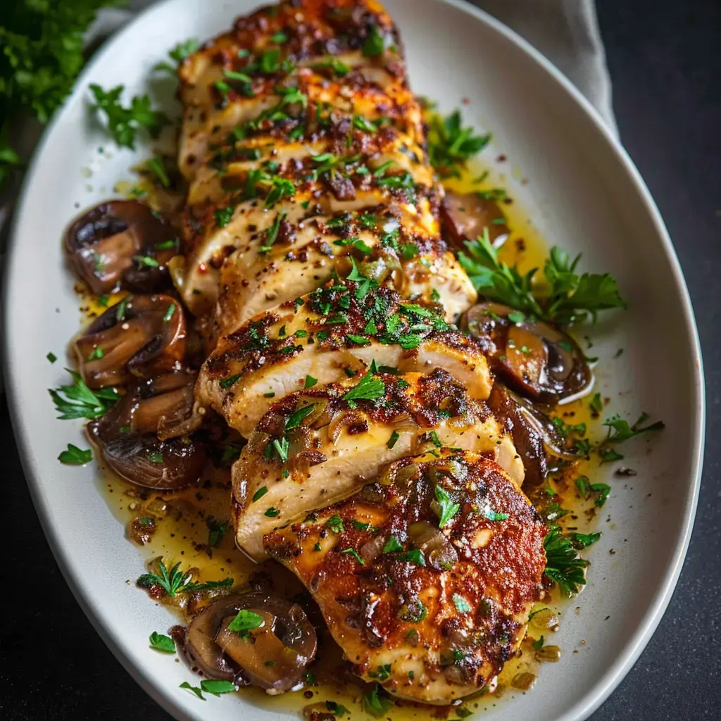 Filets de poulet dorés accompagnés de champignons et garnis de persil frais sur un plat oval.