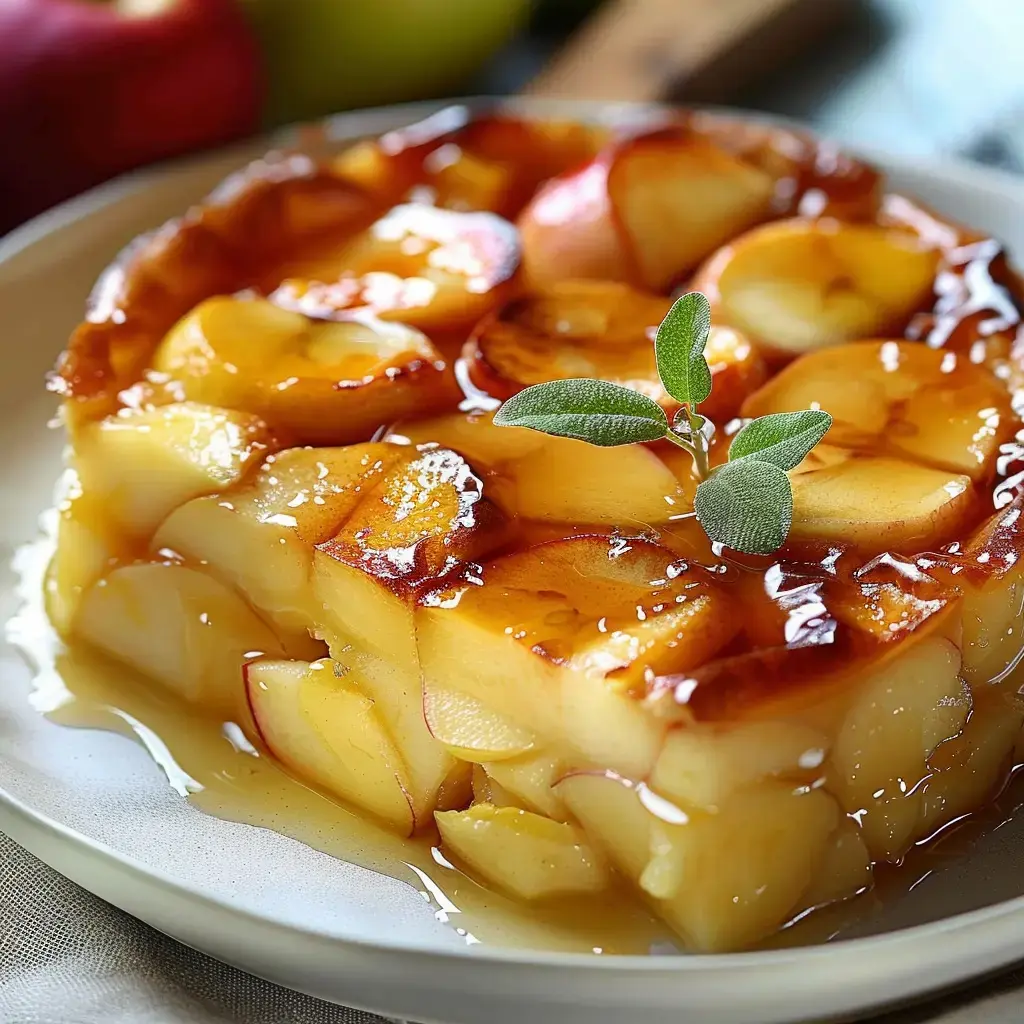 Une tarte aux pommes caramélisées servie sur une assiette, garnie d'une petite feuille de sauge.