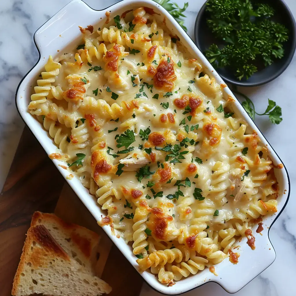 Un plat de pâtes en sauce crémeuse, garni de fromage doré et de persil frais, accompagné de pain grillé.