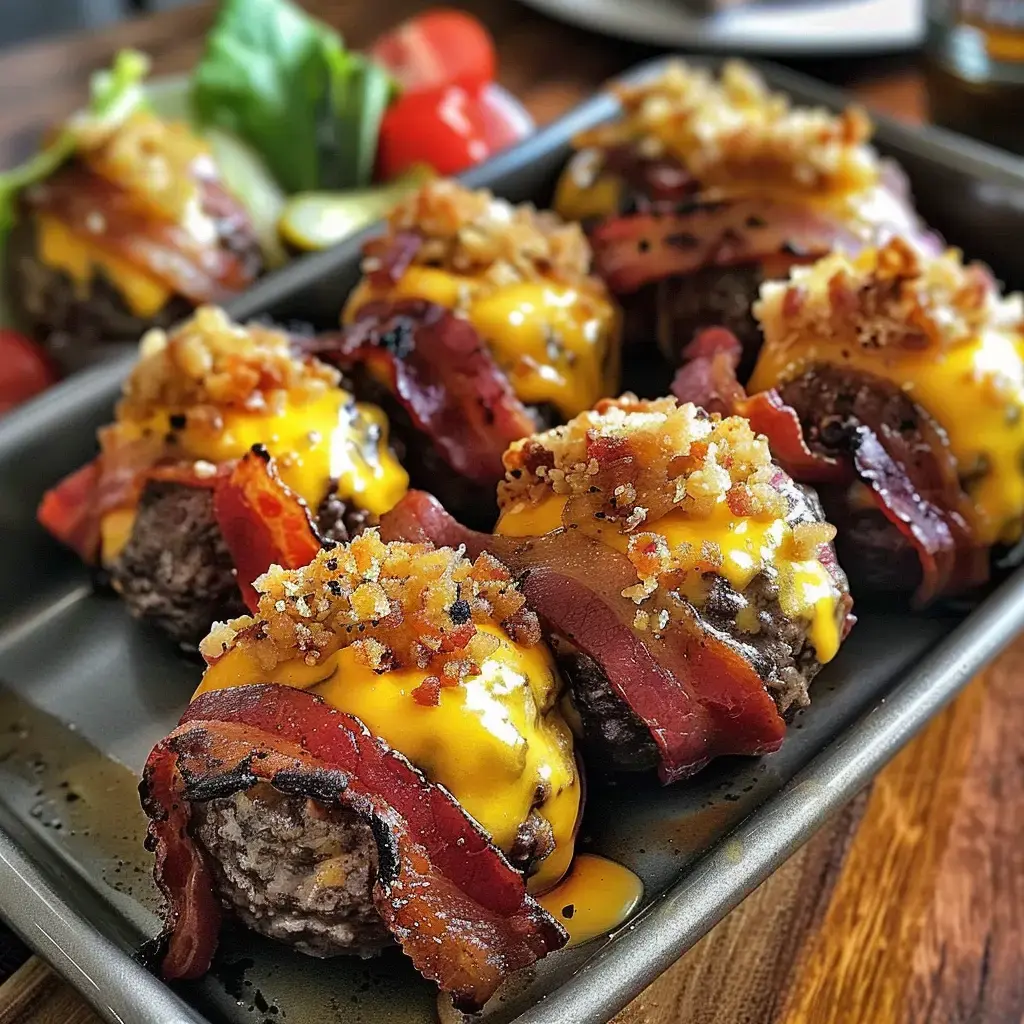 Des boulettes de viande recouvertes de fromage cheddar fondu, enroulées de bacon croustillant et garnies de miettes.