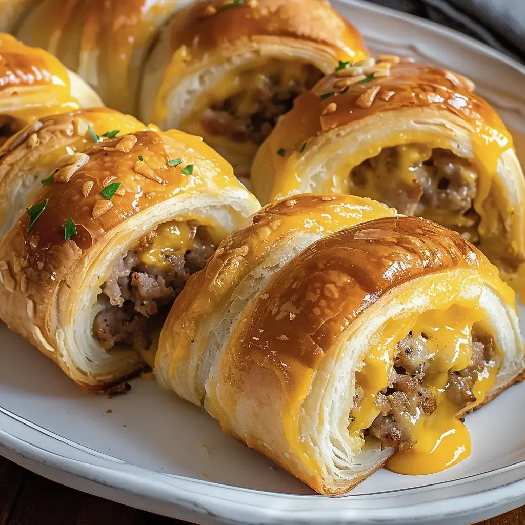 Des rouleaux feuilletés dorés garnis de saucisse et de fromage fondu.