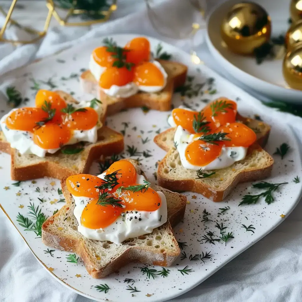 Des tartines en forme d'étoile garnies de crème et de jaune d'œuf, décorées d'aneth, sur une assiette ornée de verdure.