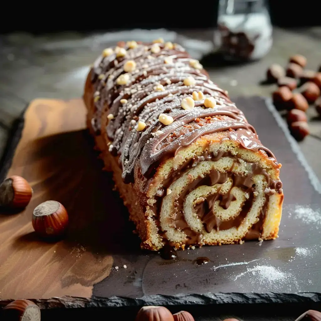 Un gâteau roulé au chocolat décoré de crème et d'éclats de noisettes sur un plateau en ardoise.