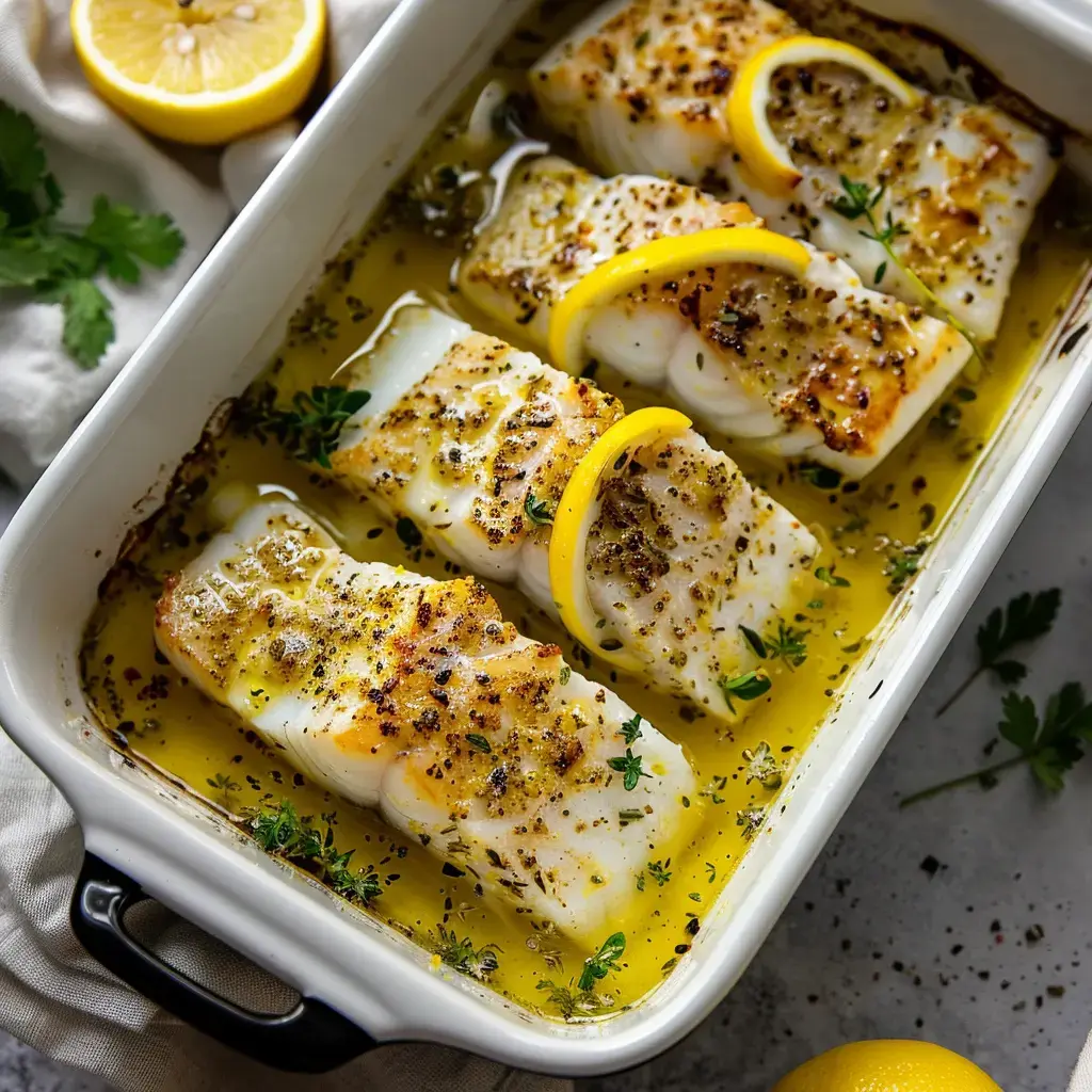 Filets de poisson cuits au four, garnis de tranches de citron et de fines herbes, présentés dans un plat avec de l'huile d'olive.