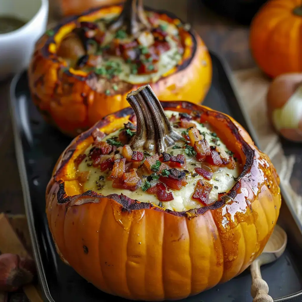 Deux courges creusées garnies de purée et de morceaux de bacon, servies sur un plat, avec des herbes sur le dessus.