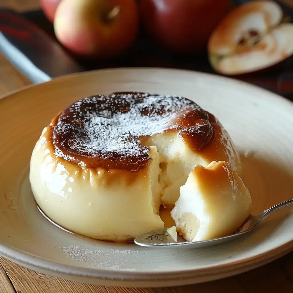 Un flan crémeux, saupoudré de sucre glace, est présenté dans une assiette avec des pommes en arrière-plan.