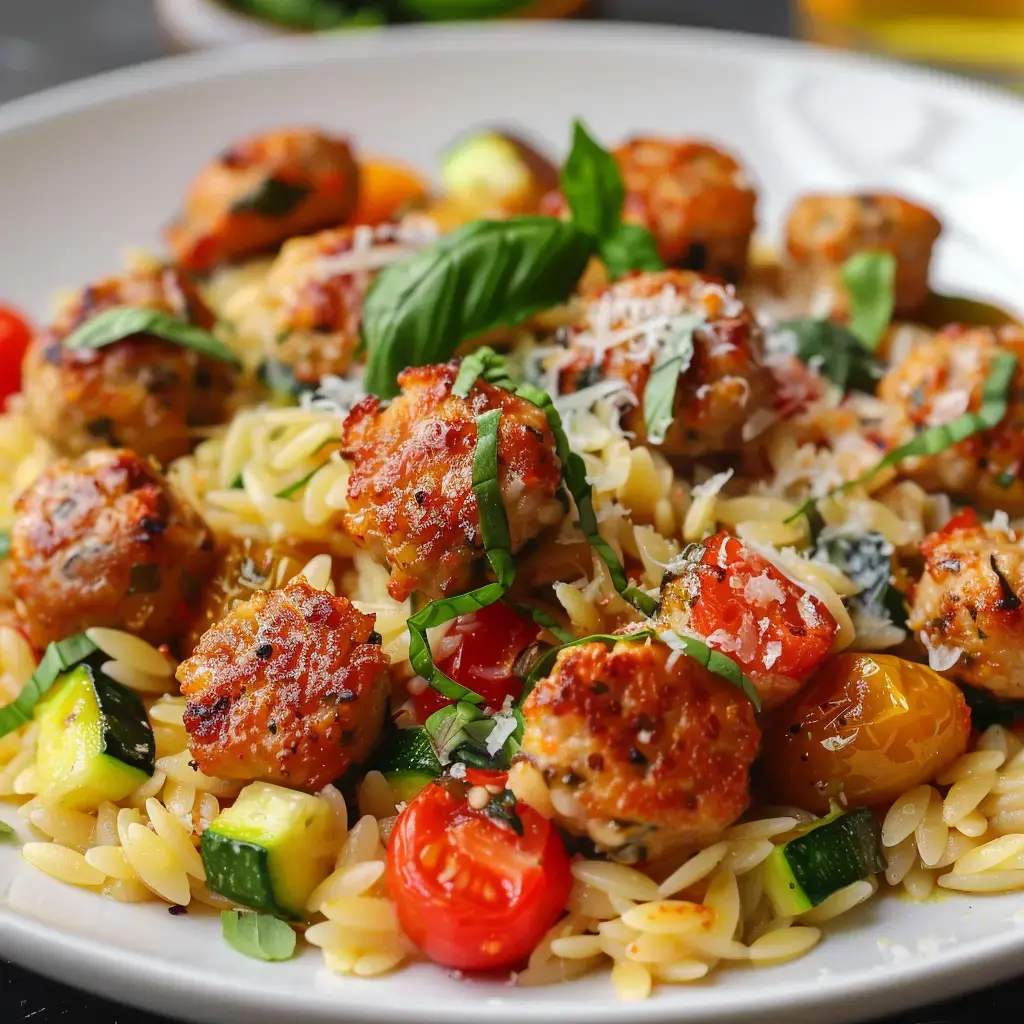 Un plat de pâtes orzo garni de boulettes de viande, tomates cerises, courgettes et basilic.