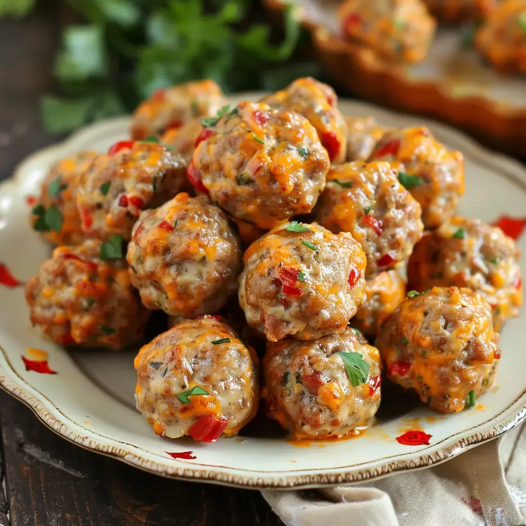 Des boulettes de viande garnies de fromage et de poivrons, présentées sur une assiette décorative.