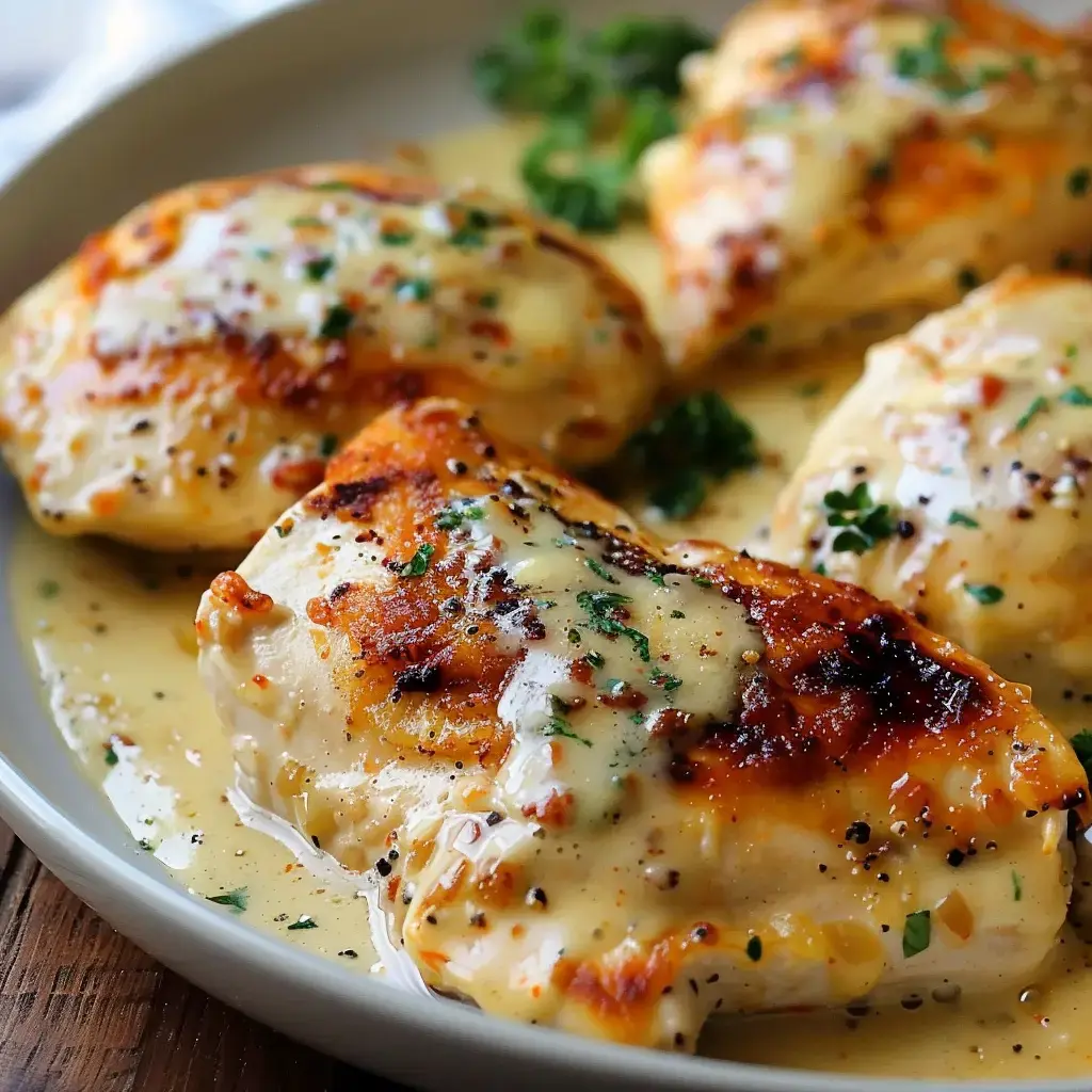 Filet de poulet cuit dans une sauce crémeuse, garni de persil, servi dans une assiette beige.