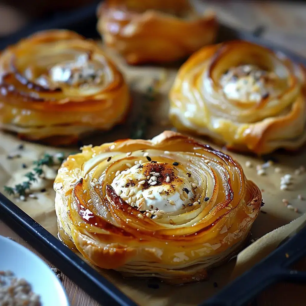 Des feuilletés en forme de rose garnis de fromage et de graines, disposés sur une plaque de cuisson.