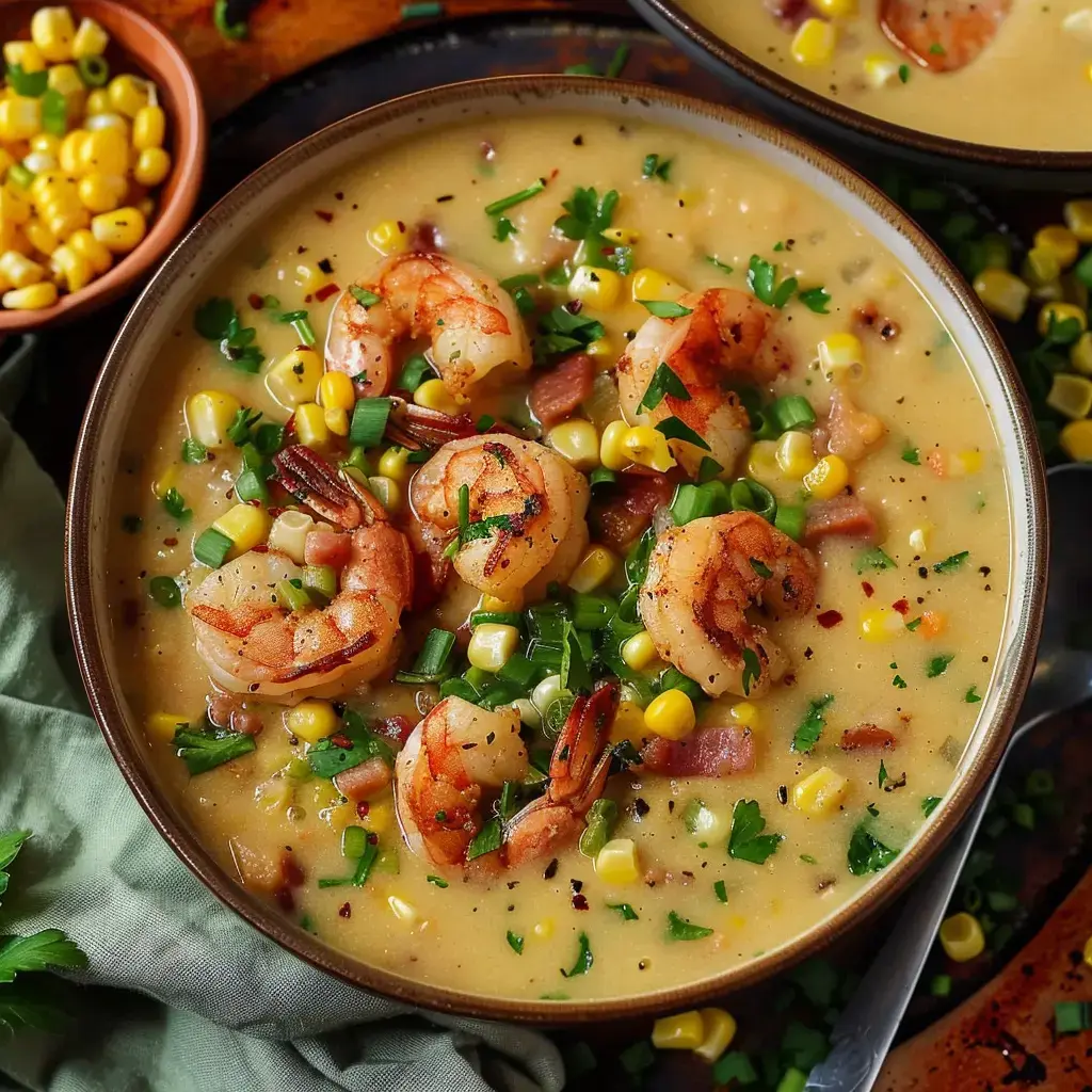 Une soupe crémeuse aux crevettes garnie de maïs et de coriandre dans un bol.