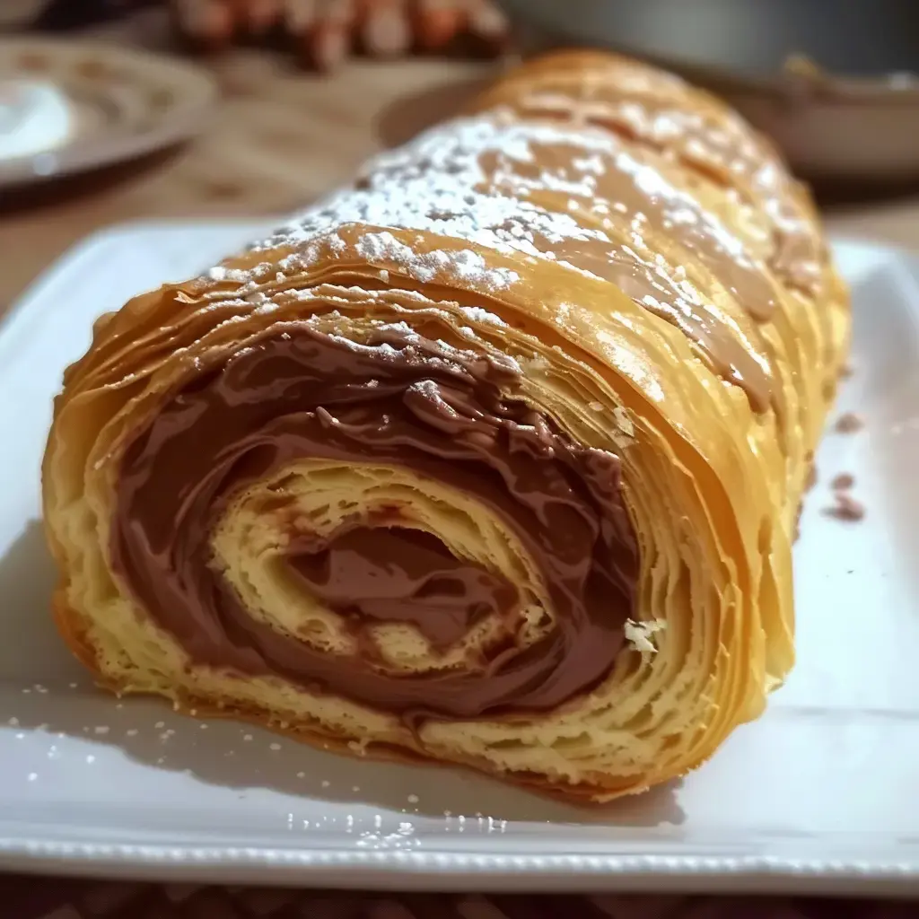 Un gâteau roulé feuilleté garni de chocolat et saupoudré de sucre glace.