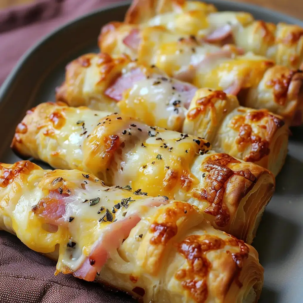 Des rouleaux de pâte feuilletée fourrés au jambon et au fromage, joliment dorés et garnis d'herbes.