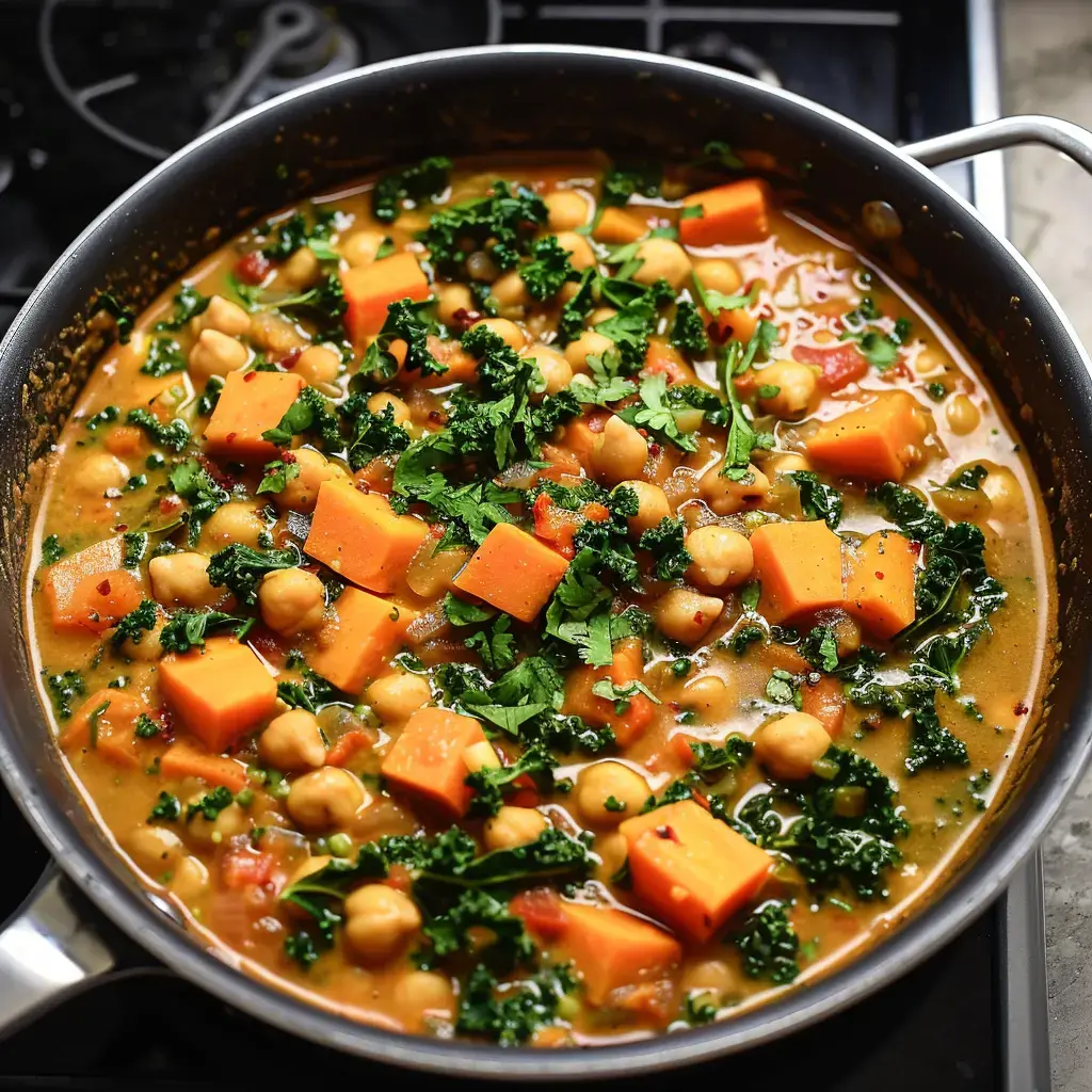 Une casserole de curry aux pois chiches, patates douces et épinards, garnie de coriandre fraîche.