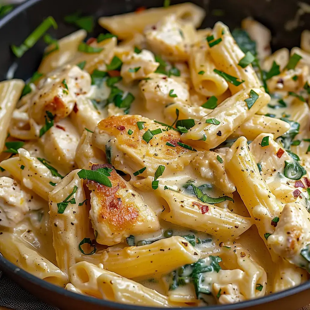 Des pâtes crémeuses avec du poulet grillé et des épinards, garnies de persil frais.