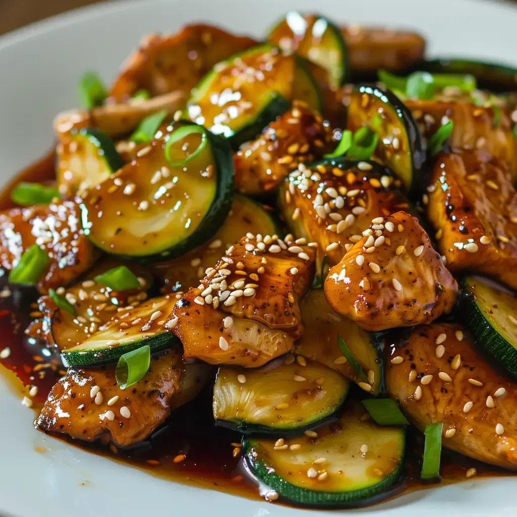 Un plat savoureux de poulet grillé accompagné de courgettes et parsemé de graines de sésame et d'oignons verts.