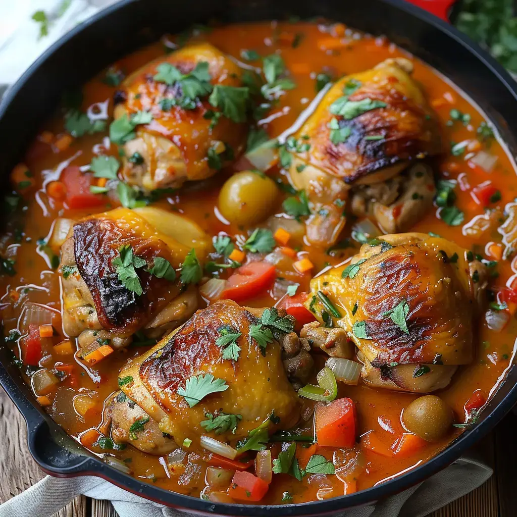 Plat de cuisses de poulet braisées dans une sauce tomate avec des légumes colorés et parsemées de coriandre.