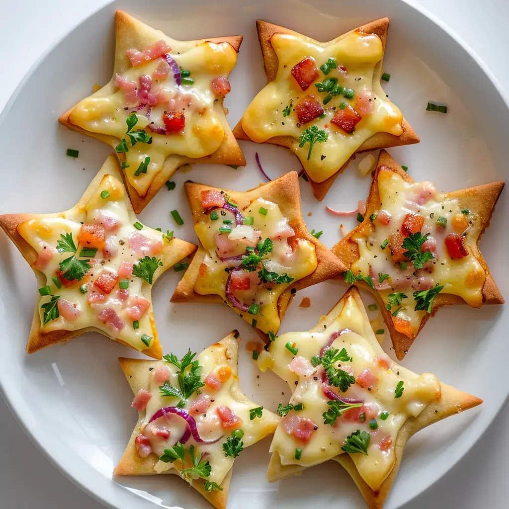 Assiette contenant des hors-d'œuvre en forme d'étoile, garnis de fromage, de dés de tomate, d'oignon rouge et de coriandre.