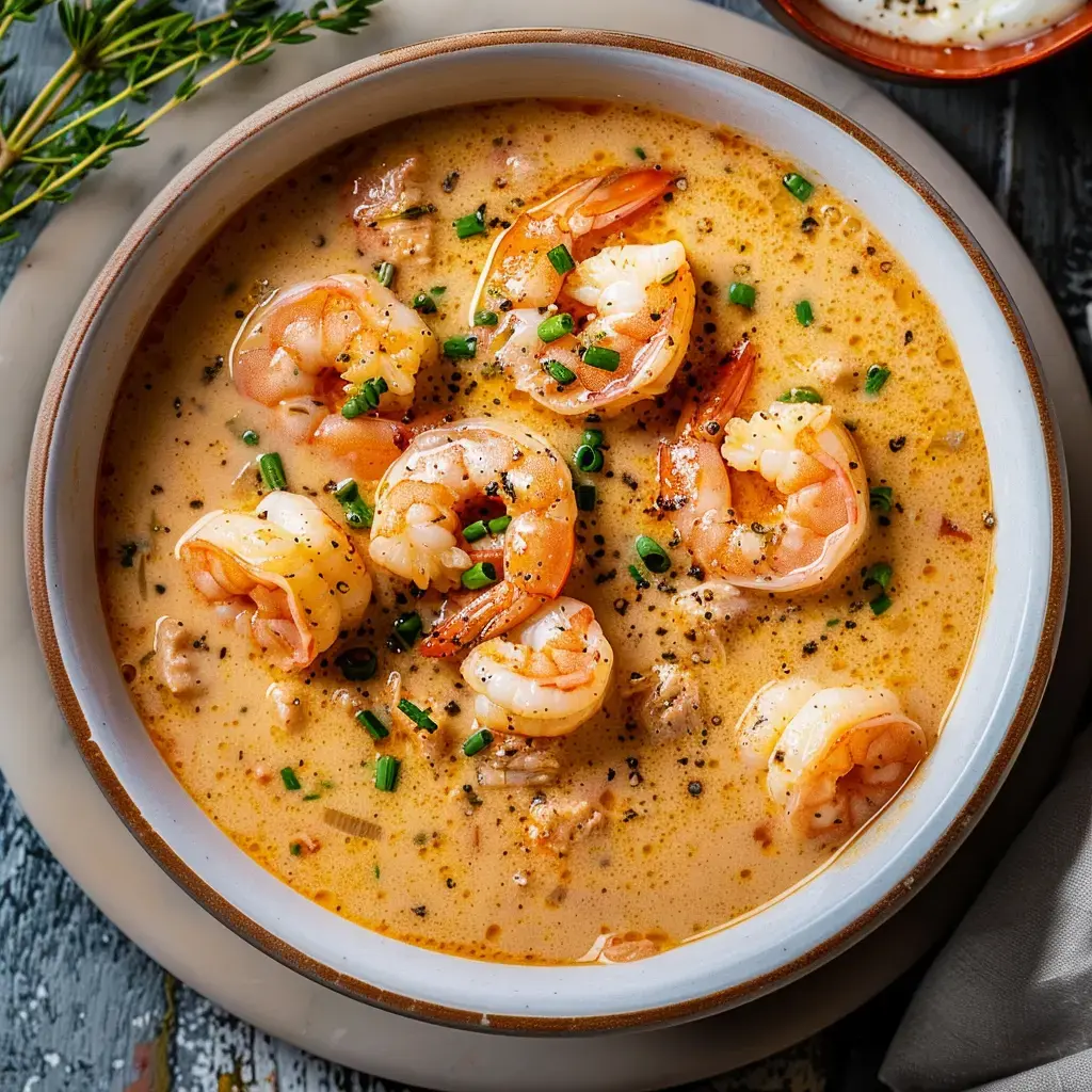 Une soupe crémeuse aux crevettes garnie de ciboulette et de poivre.