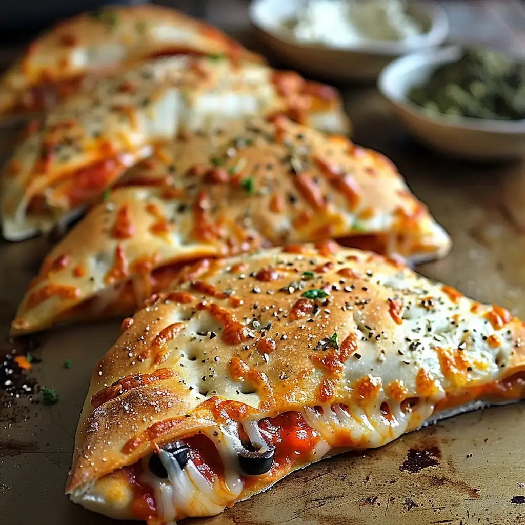 Quatre calzones dorés et garnis, accompagnés de petits bols de sauces blanches et d'herbes.