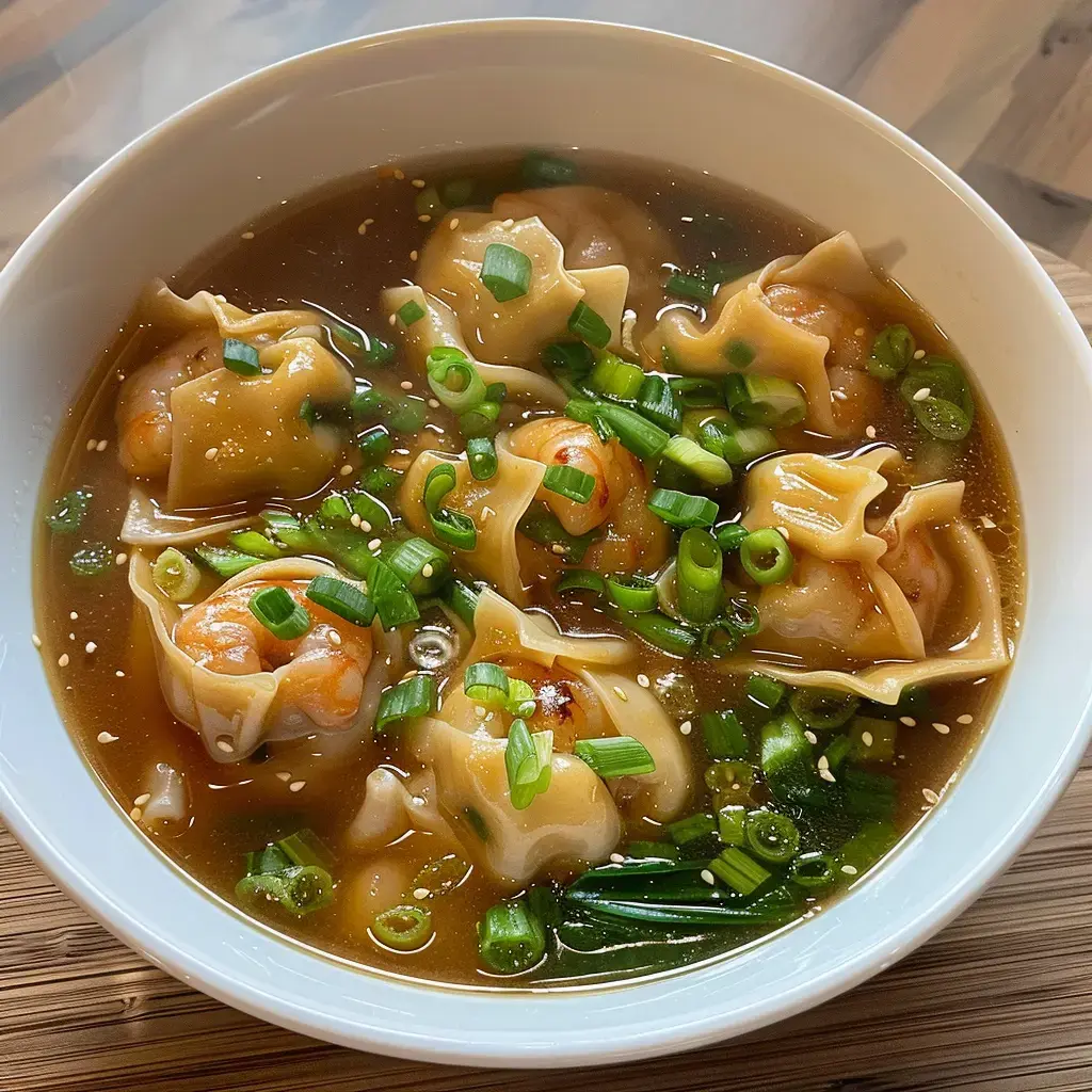 Un bol de soupe avec des raviolis aux crevettes, garnis de ciboulette hachée dans un bouillon savoureux.