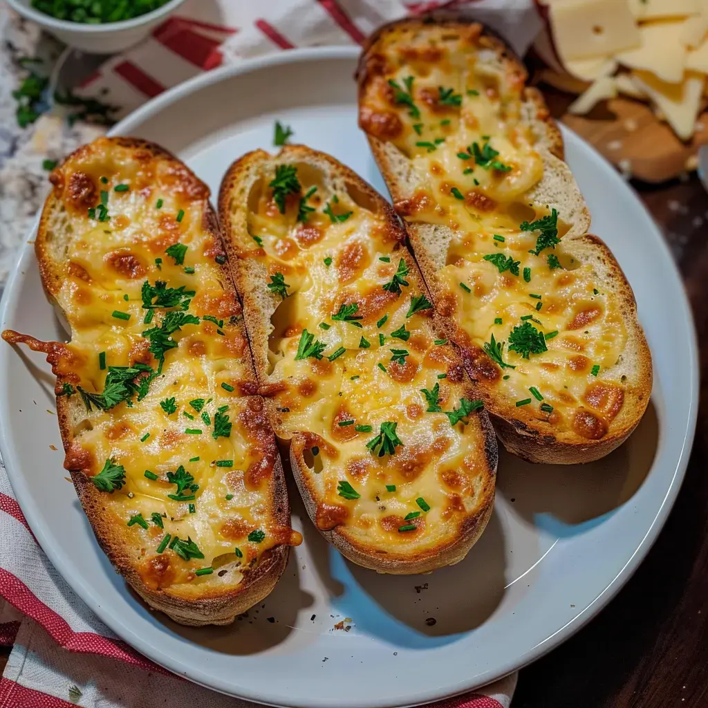 Des tranches de pain gratinées au fromage, garnies de persil, servies sur une assiette blanche.