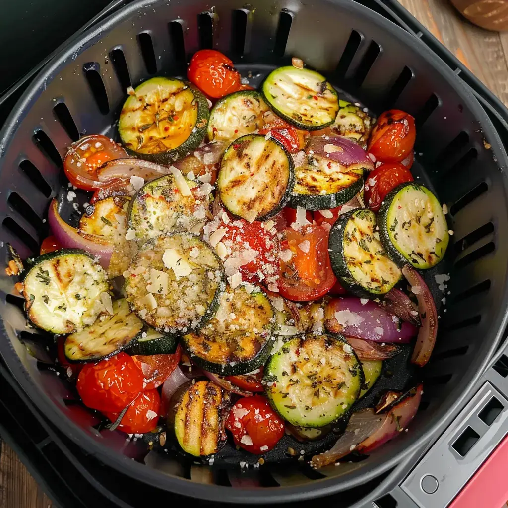 Des légumes grillés, y compris des courgettes, des tomates cerises et des oignons, sont disposés dans un panier de friteuse à air, garnis de fromage.