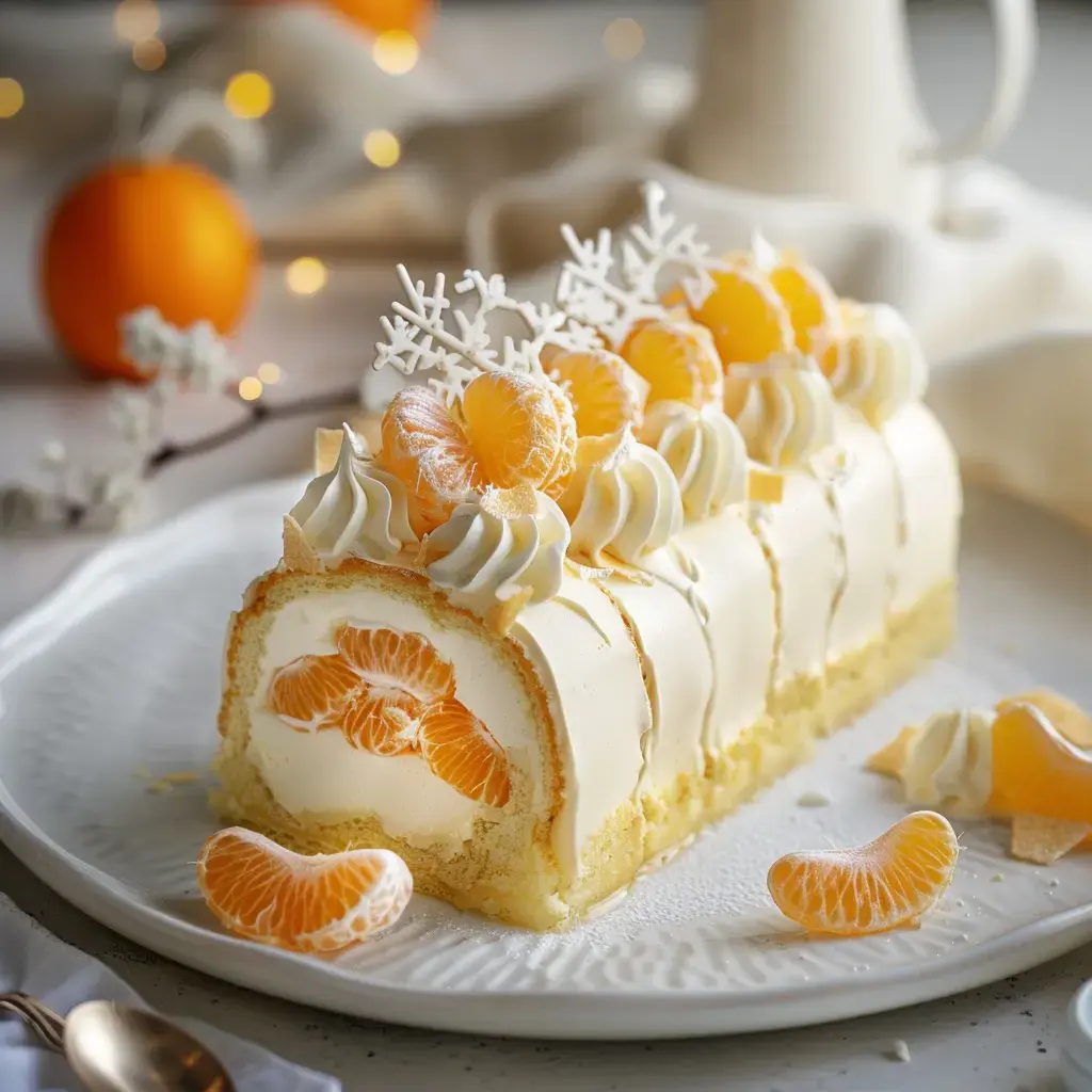 Un gâteau roulé décoré de crème chantilly et de mandarines, avec des flocons de neige en sucre, est présenté sur une assiette.