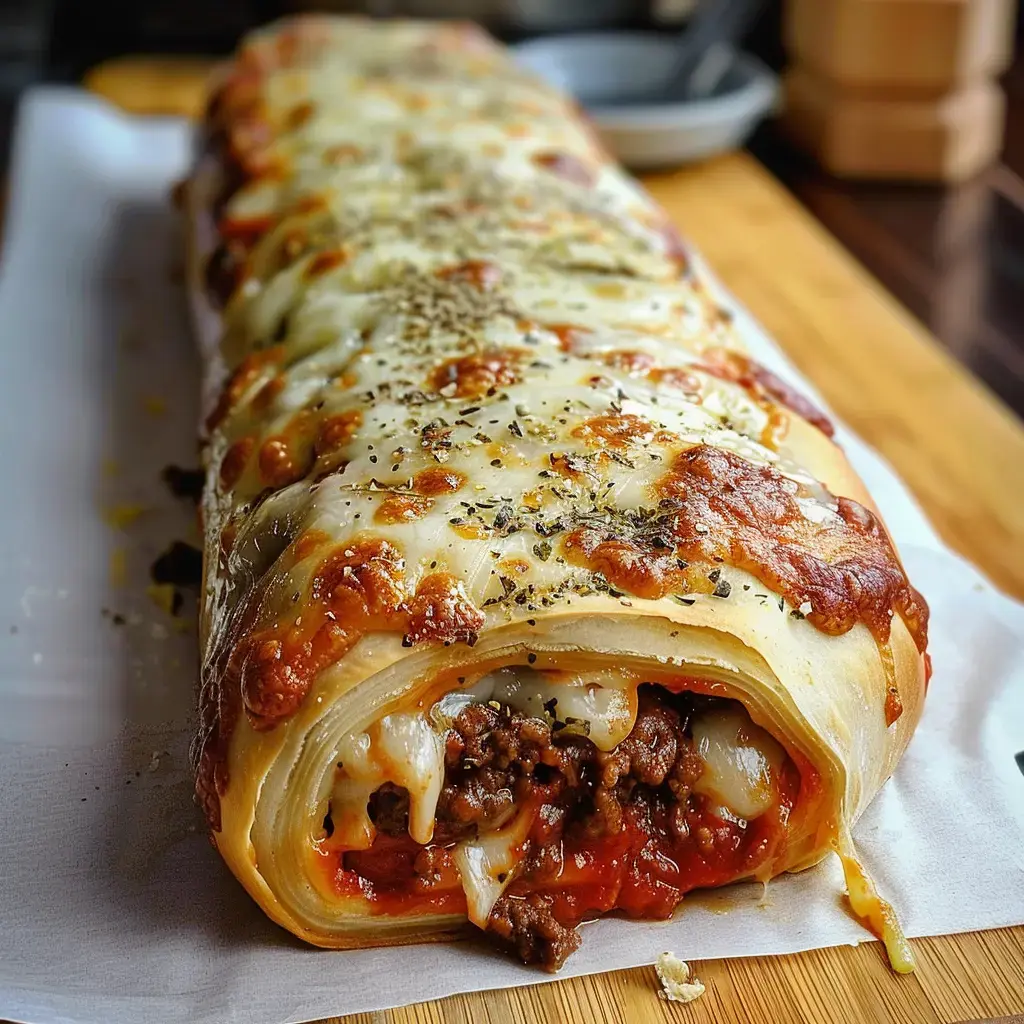 Un rouleau de pâte farci au bœuf haché, recouvert de fromage fondu et d'herbes, présenté sur une planche en bois.