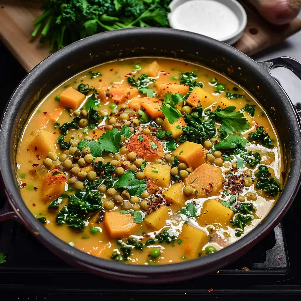 Une casserole de soupe colorée avec des morceaux de courge, des pois verts, du chou frisé et des herbes fraîches.