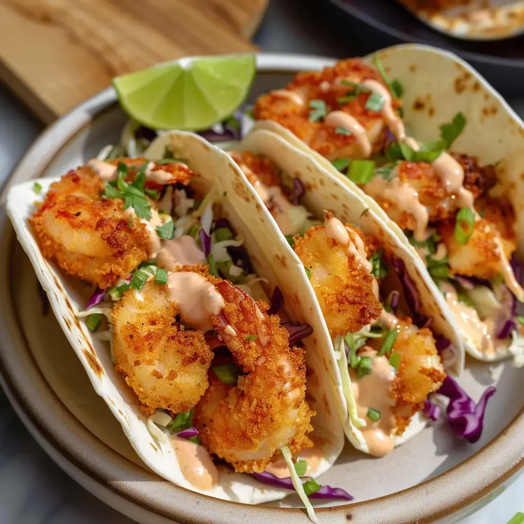 Tacos de crevettes panées garnis de légumes et arrosés d'une sauce crémeuse, accompagnés d'un quartier de lime.