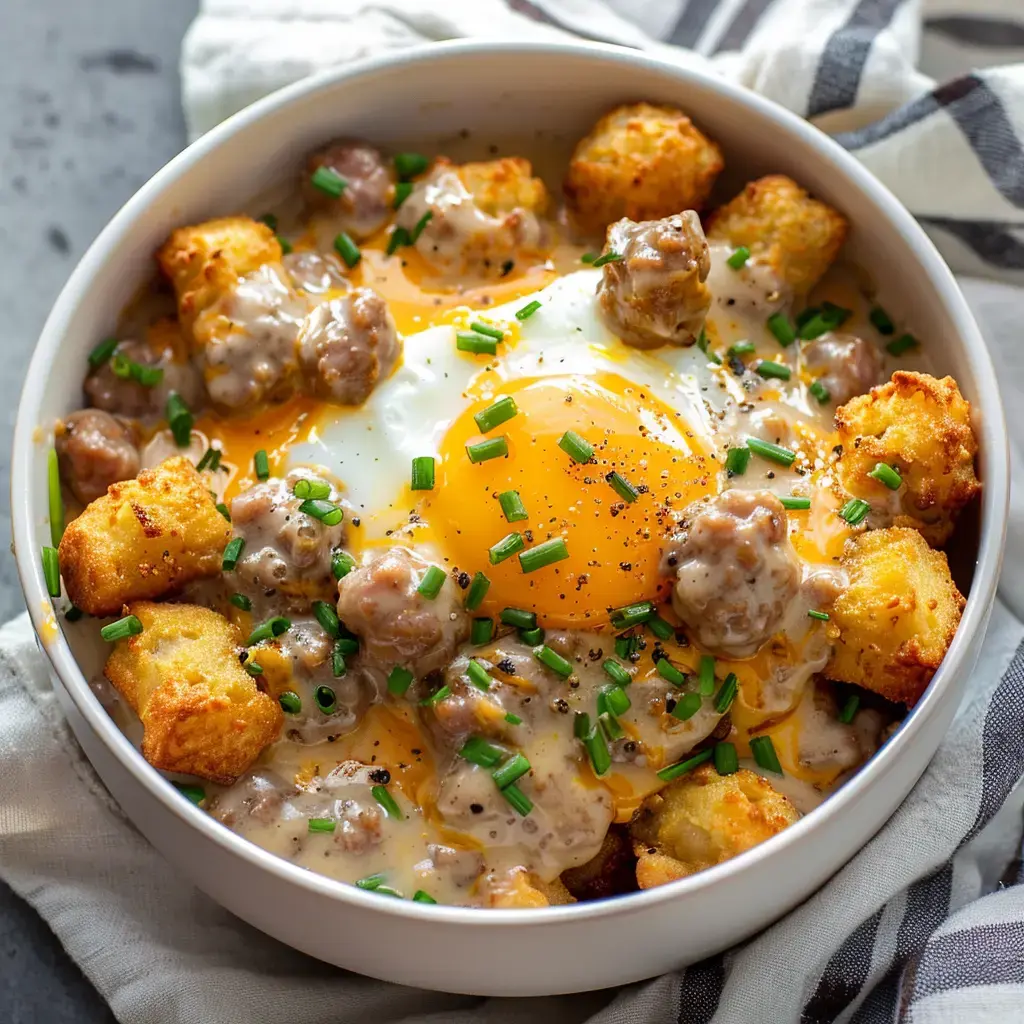 Un bol rempli de morceaux de pommes de terre, de saucisse, d'une sauce crémeuse et un œuf au plat garni de ciboulette.