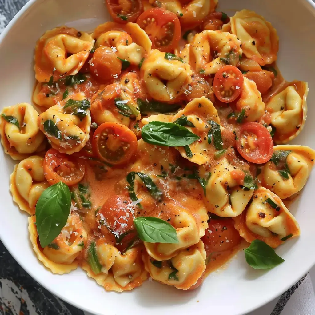 Un plat de pâtes rempli de tortellinis, tomates cerises coupées et feuilles de basilic dans une sauce tomate crémeuse.