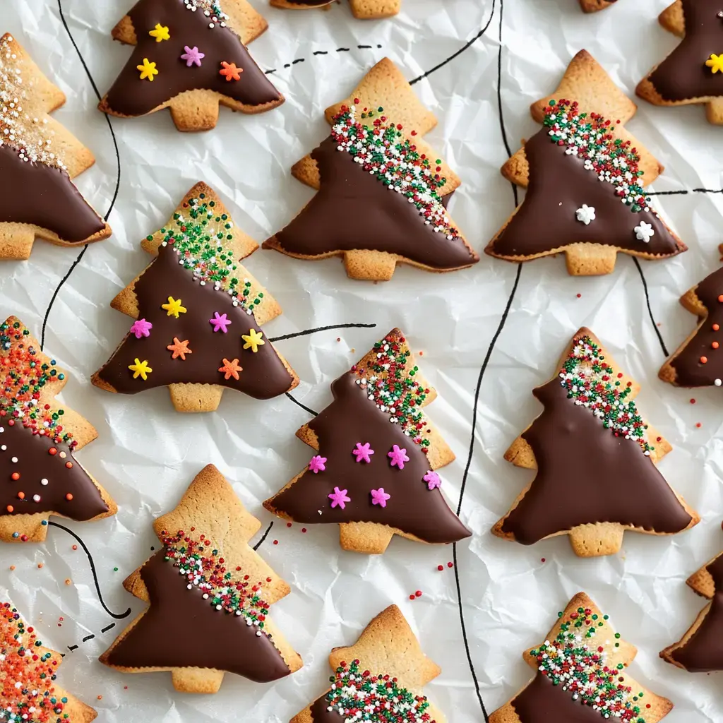 Des biscuits en forme de sapin décorés de chocolat et de paillettes colorées sont disposés sur du papier.