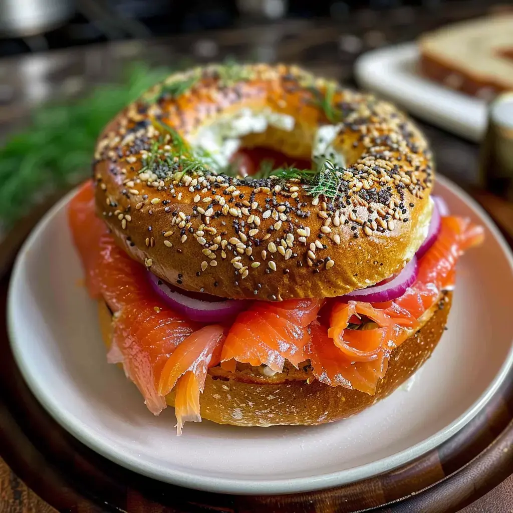 Un bagel garni de saumon fumé, d'oignons rouges et de crème fraîche, saupoudré de graines de sésame et de pavot.