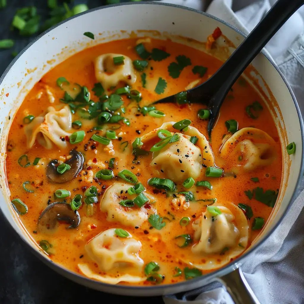 Une soupe crémeuse avec des raviolis, des champignons et des oignons verts, garnie de coriandre fraîche.