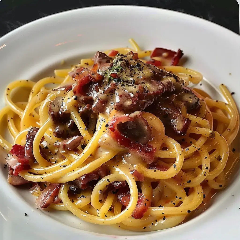 Un plat de pâtes aux lardons et une sauce crémeuse, parsemé de poivre noir.