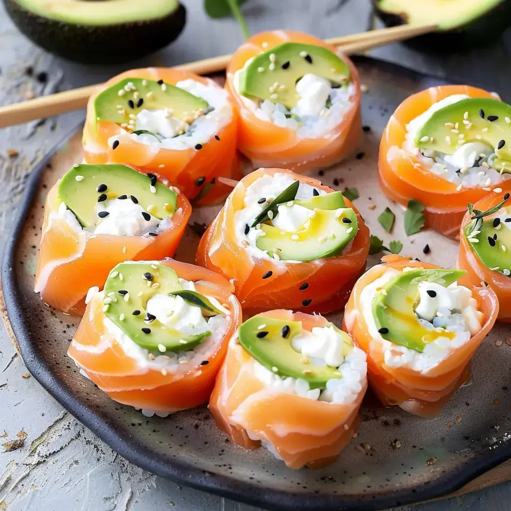 Des rouleaux de sushi composés de saumon frais, d'avocat et de riz, garnis de crème et de graines de sésame, présentés sur une assiette.