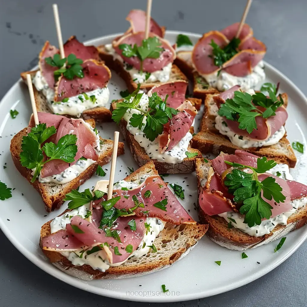 Assiette de tranches de pain garnies de crème fraîche, jambon et persil.