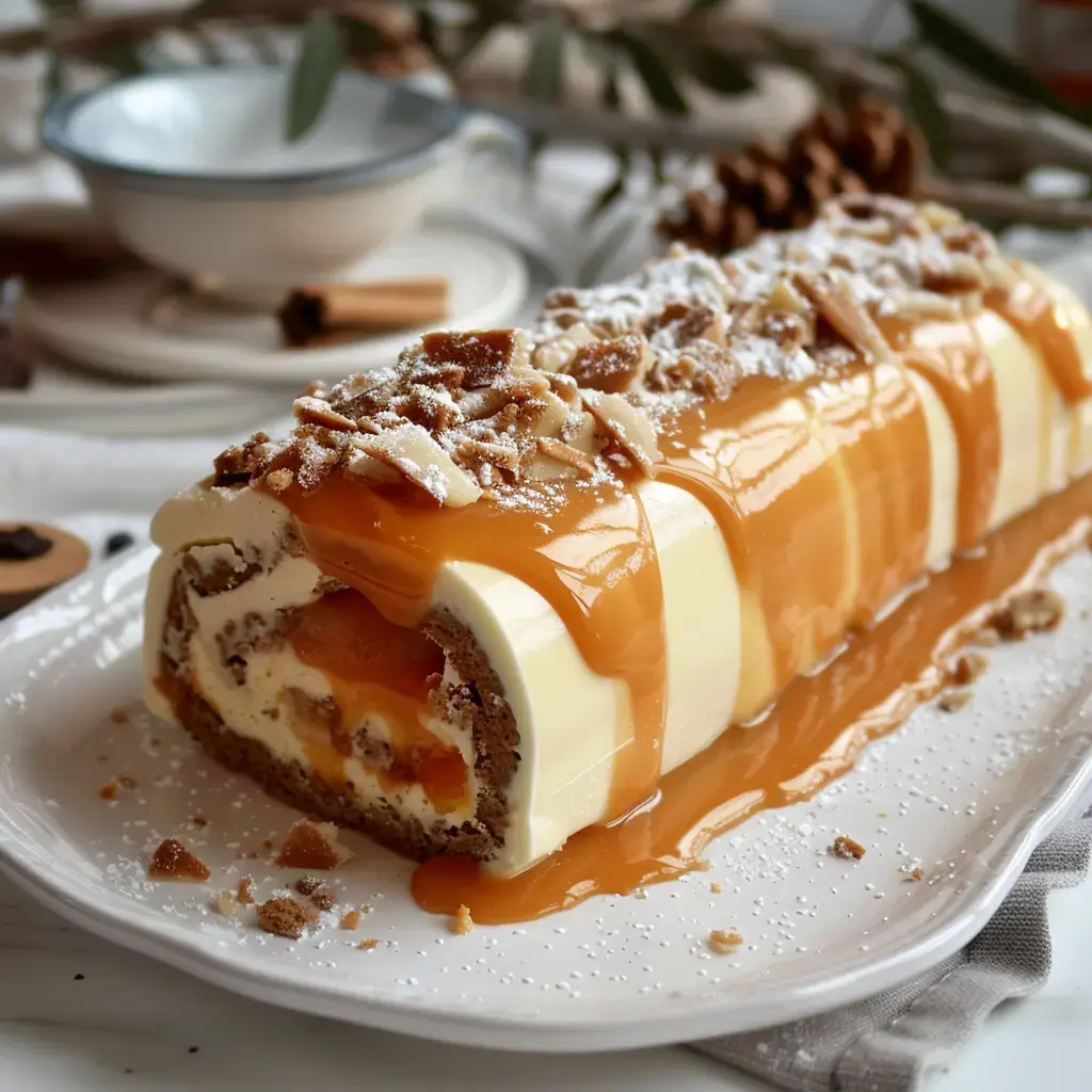 Un gâteau roulé garni de crème et de caramel, décoré de morceaux croquants et de sucre glace.