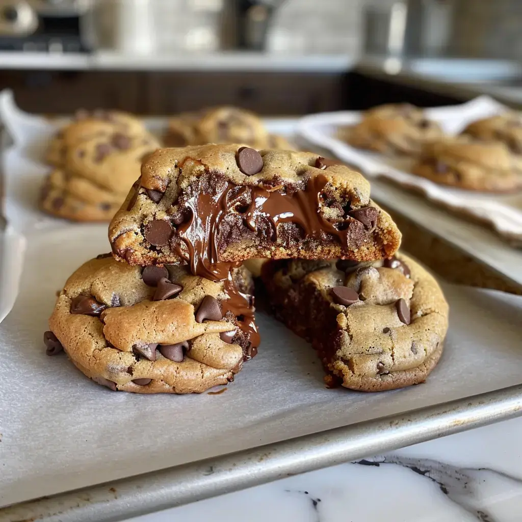 Cookies moelleux aux pépites de chocolat, coupés en deux pour révéler un intérieur fondant au chocolat.