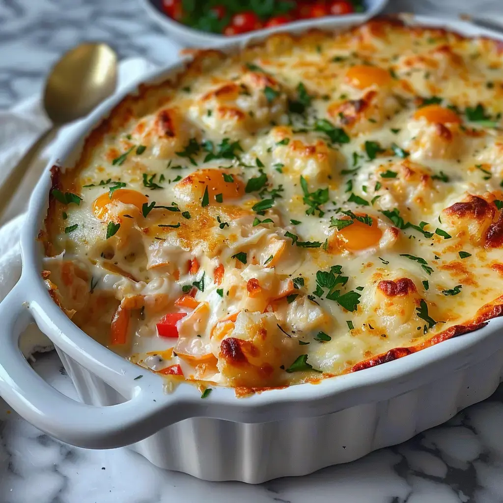 Un plat cuisiné gratiné, avec une garniture crémeuse, des morceaux de poulet, de la sauce, des œufs et des légumes, parsemé de persil frais.