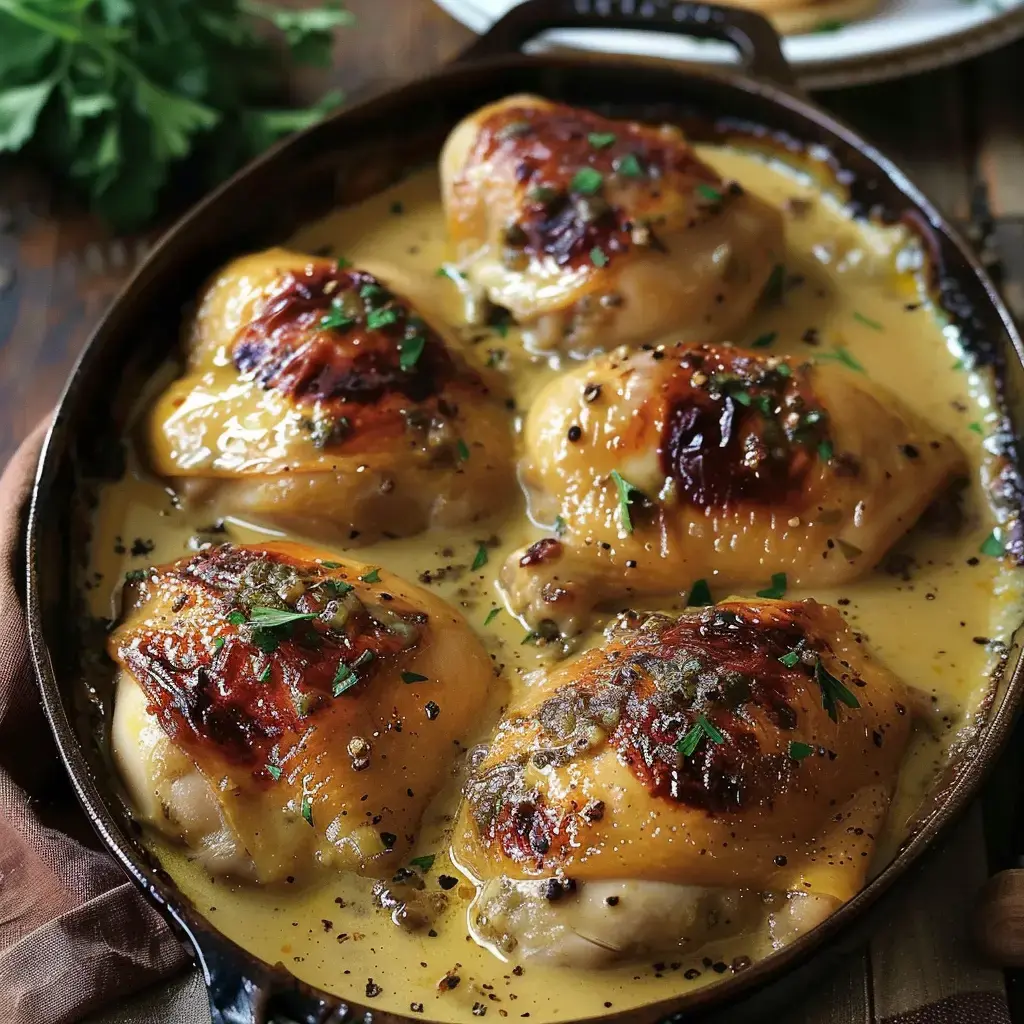 Un plat de cuisses de poulet dorées, nappées d'une sauce crémeuse, garnies de persil frais, dans un plat en fonte.