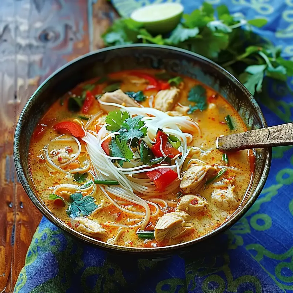 Un bol de soupe aux nouilles avec du poulet, des poivrons et de la coriandre, servi avec un quartier de lime.